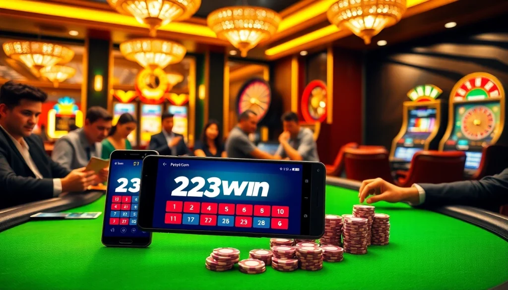 Engaging scene showing players using the 23win app at a vibrant casino table filled with excitement.
