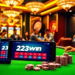 Engaging scene showing players using the 23win app at a vibrant casino table filled with excitement.
