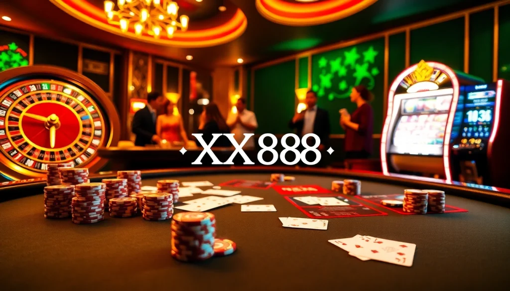 Exciting gambling action at XX88 casino with poker chips and roulette wheel in a vibrant atmosphere.