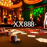 Exciting gambling action at XX88 casino with poker chips and roulette wheel in a vibrant atmosphere.