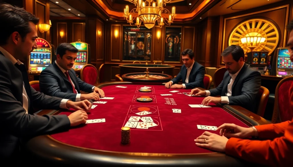 Players engaging in high-stakes poker at a luxurious table, showcasing rikvip gaming excitement.