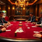 Players engaging in high-stakes poker at a luxurious table, showcasing rikvip gaming excitement.