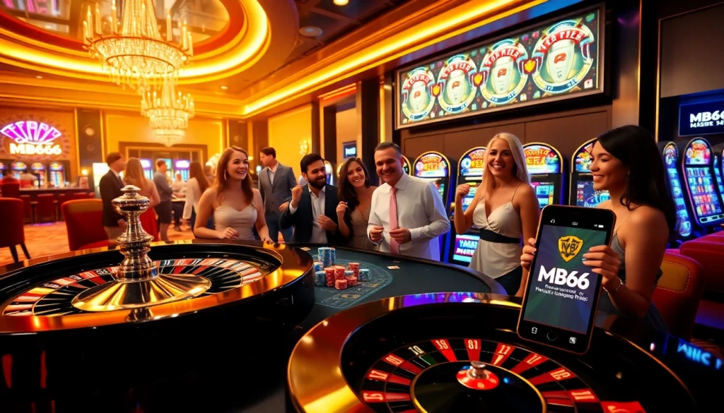 Excited gamblers engaging with MB66 at a luxurious casino featuring poker chips, roulette, and vibrant slot machines.