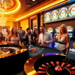 Excited gamblers engaging with MB66 at a luxurious casino featuring poker chips, roulette, and vibrant slot machines.
