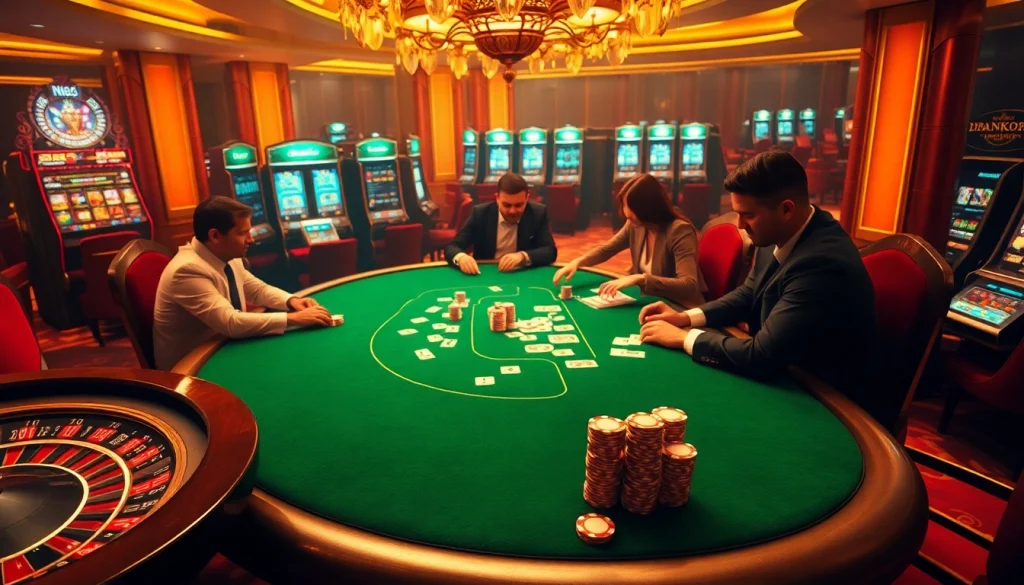 Experience high-stakes poker action at an elegant casino featuring NK88-themed elements.