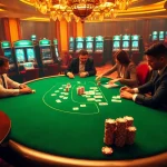 Experience high-stakes poker action at an elegant casino featuring NK88-themed elements.