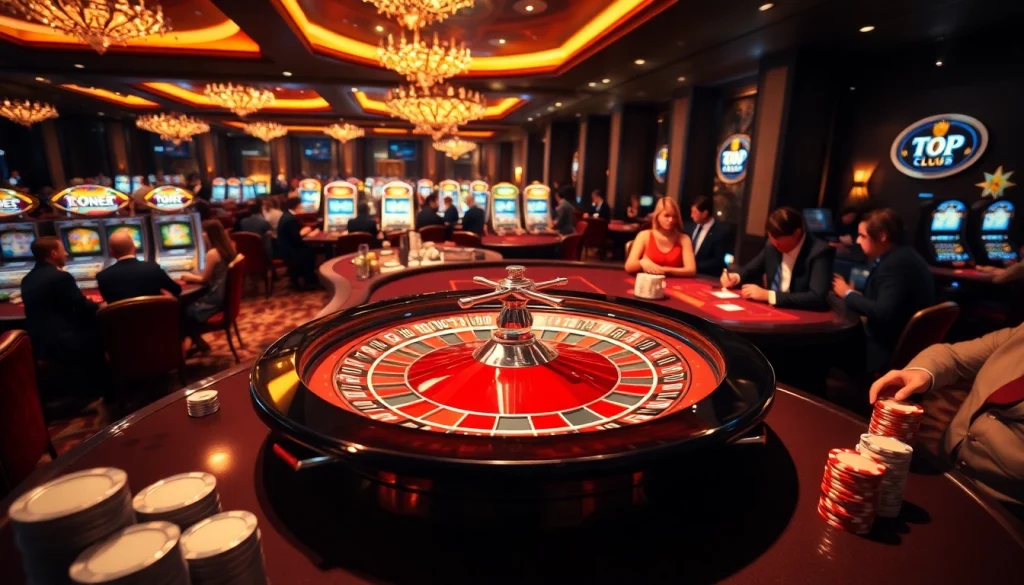 Engage in thrilling gaming at the TOP CLUB casino with vibrant roulette, poker chips, and elegant players.