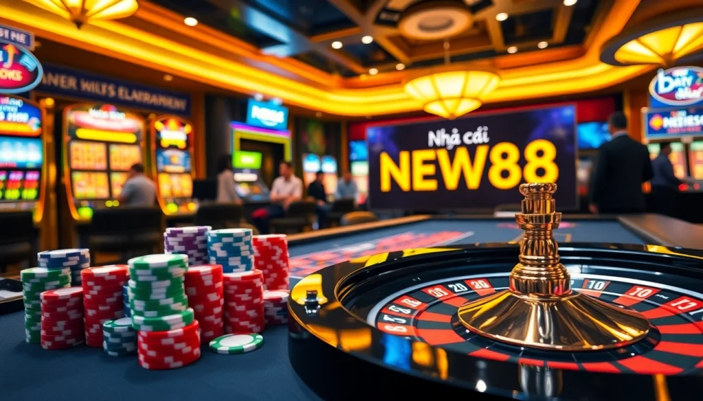 Experience the thrill of Nhà cái NEW88 in a luxurious casino setting with vibrant gaming tables and dynamic players.