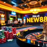 Experience the thrill of Nhà cái NEW88 in a luxurious casino setting with vibrant gaming tables and dynamic players.