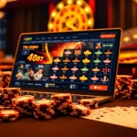 TG777 casino scene featuring an elegant online interface with vibrant poker chips and a roulette wheel.