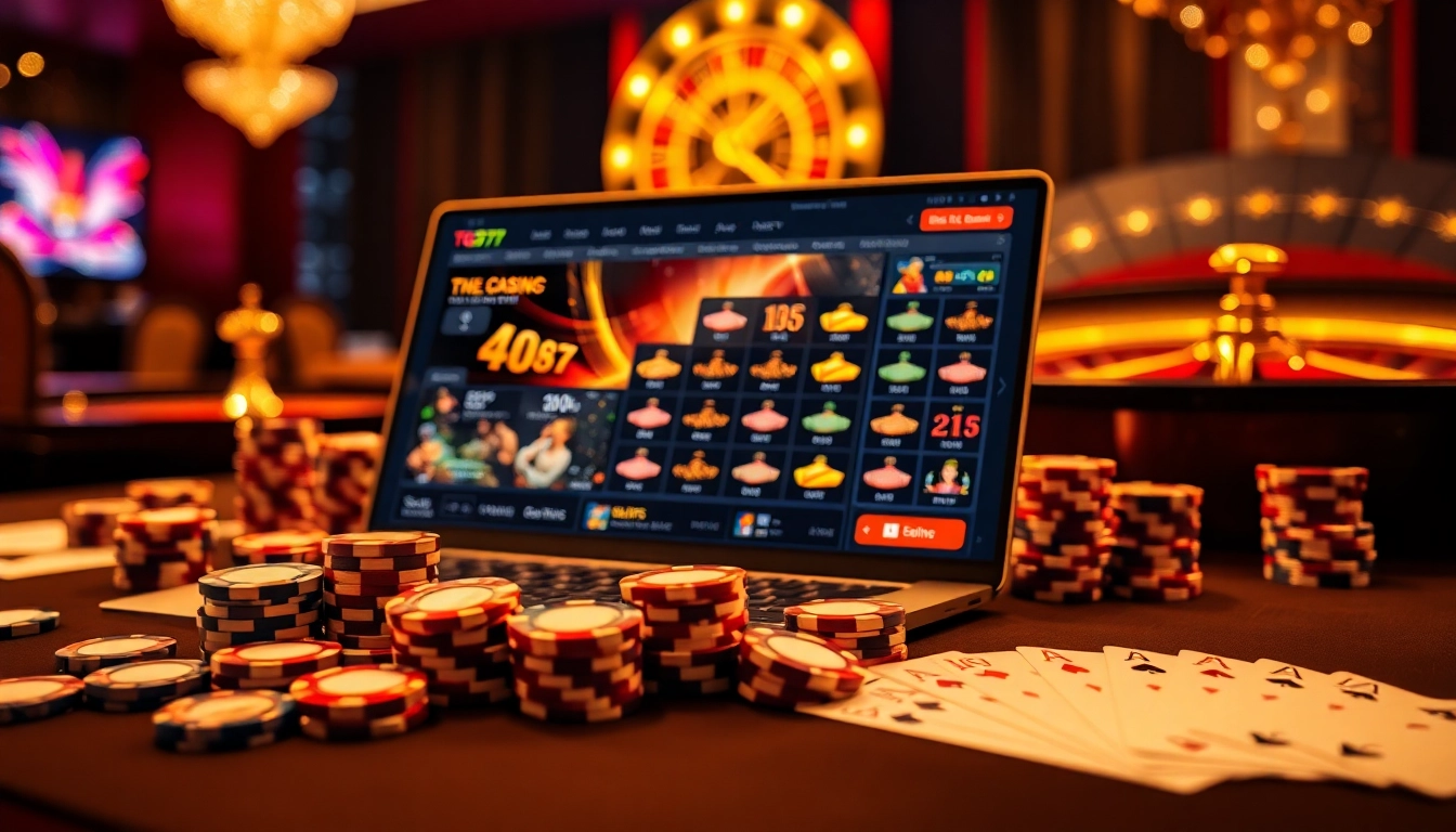 TG777 casino scene featuring an elegant online interface with vibrant poker chips and a roulette wheel.