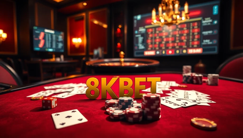 8KBET offers an exciting gambling experience with luxury casino elements like cards, chips, and roulette.