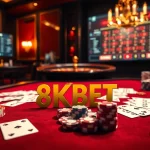 8KBET offers an exciting gambling experience with luxury casino elements like cards, chips, and roulette.