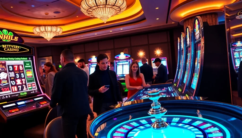 S8 betting interface showcased with vibrant slot machines and enthusiastic gamblers.