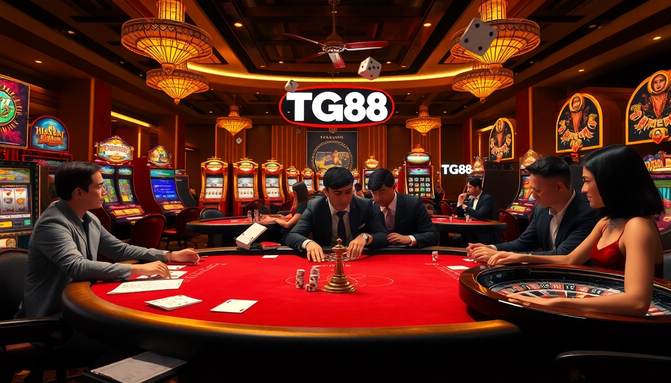 Experience thrilling gameplay at a luxurious casino with TG88 gaming elements, poker tables, and vibrant slot machines.