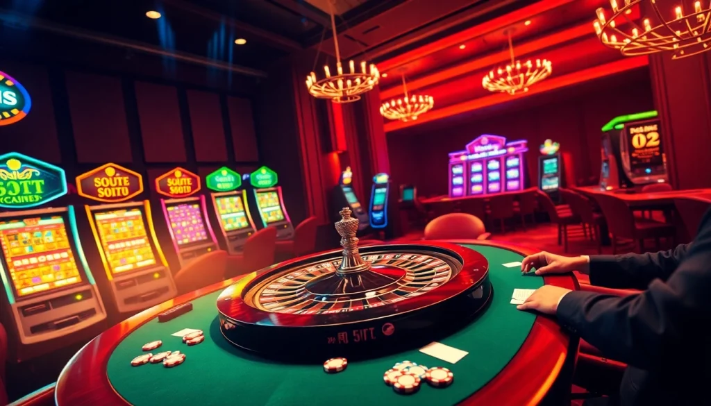 התרשמו מריגוש המשחקים בהימורים גבוהים עם חזות קזינו צבעונית שמציגה פעולה בשולחן פוקר ואת מכונות המזל.