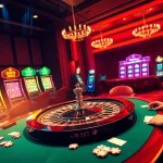 התרשמו מריגוש המשחקים בהימורים גבוהים עם חזות קזינו צבעונית שמציגה פעולה בשולחן פוקר ואת מכונות המזל.