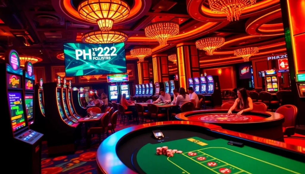 Players enjoying various games like roulette and blackjack at a casino featuring PH222, surrounded by chips and excitement.