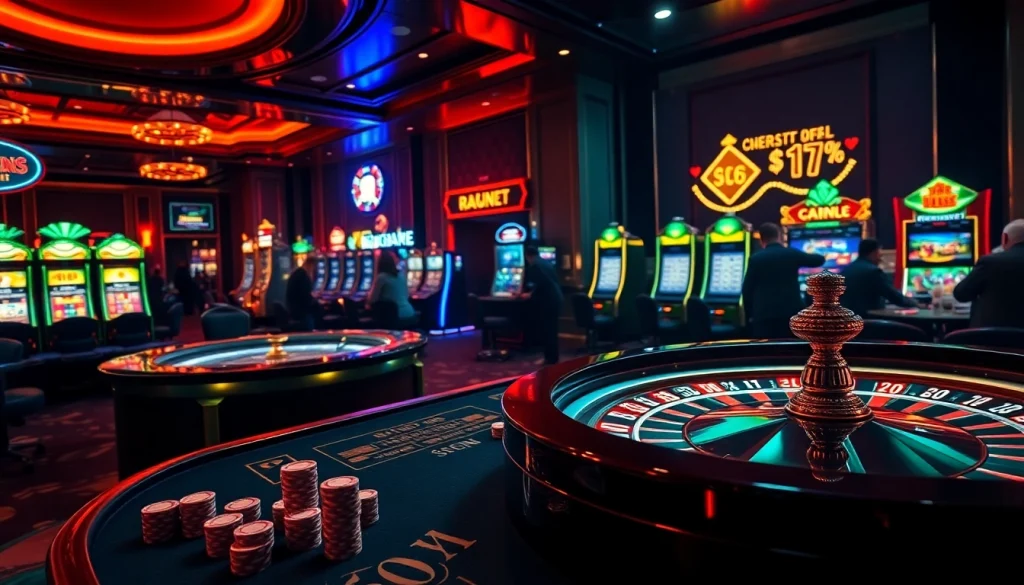 Players enjoying thrilling games at B52 casino, featuring colorful slot machines and vibrant poker tables.
