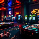 Players enjoying thrilling games at B52 casino, featuring colorful slot machines and vibrant poker tables.