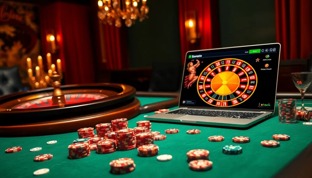 Engage with LINK VÀO Bomwin at a luxurious online casino experience featuring poker, roulette, and vibrant chips.