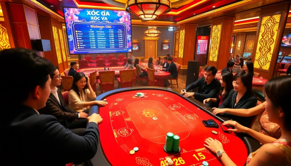 Xóc đĩa gaming table with vibrant atmosphere and excited players at a luxurious casino.