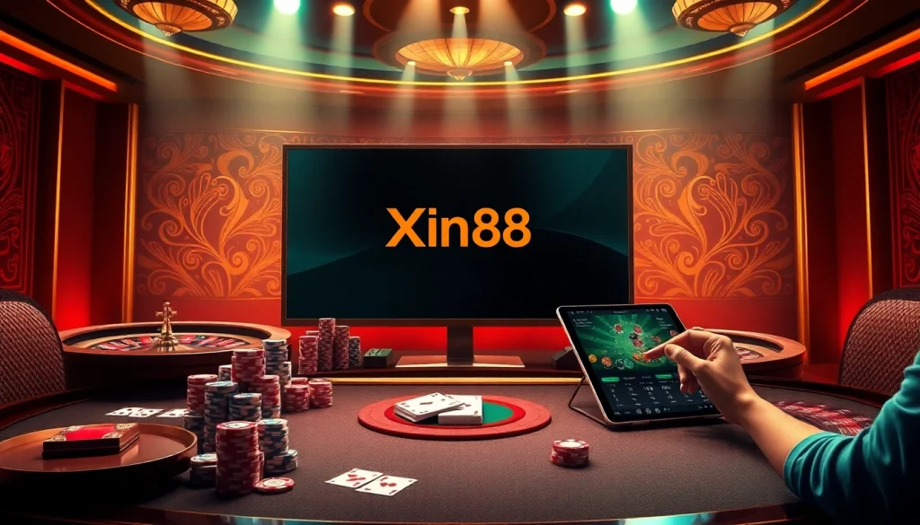 Experience high-stakes gameplay at Xin88 with poker chips and a roulette wheel in a luxury casino setting.