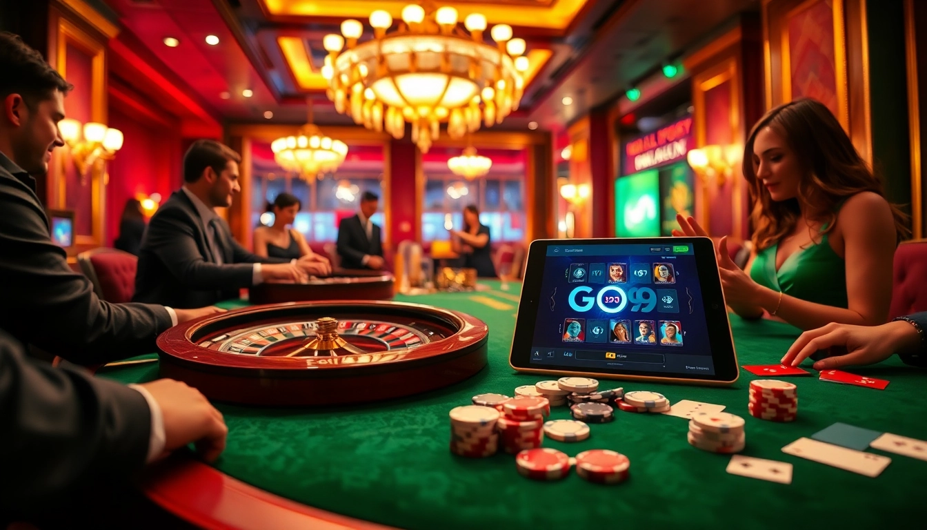 Experience the excitement of the go99 game with players around high-stakes tables in a luxurious casino.
