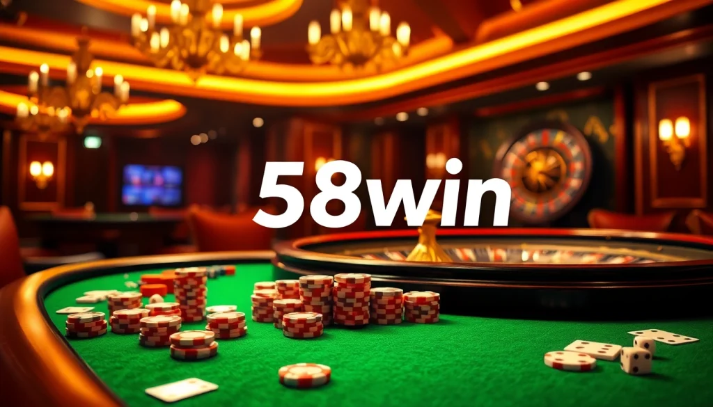 Engage in thrilling gameplay at 58win's casino tables, featuring poker chips and roulette wheels.
