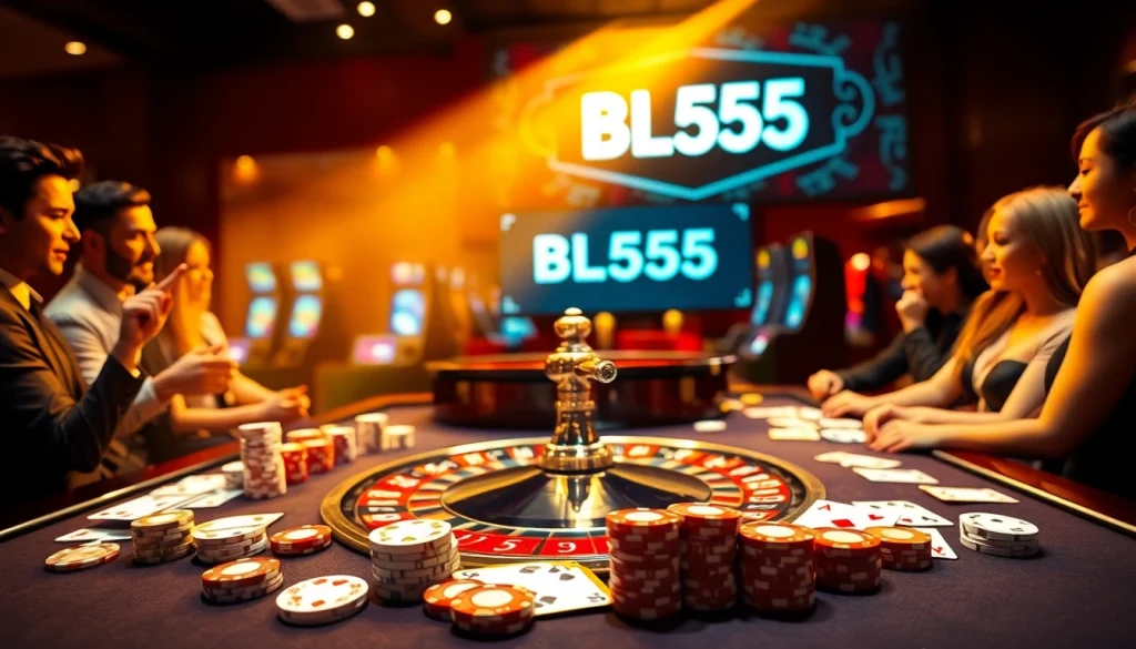 BL555 gaming experience with vibrant roulette table and glamorous casino elements