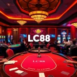 Engaging gamblers at LC88 with the thrill of high-stakes poker and vibrant casino atmosphere.