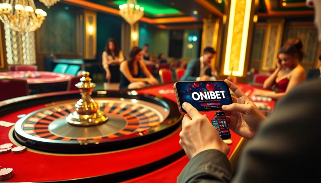 Experience the thrill of ONBET with vibrant casino gameplay, glimmering chips, and intense betting action.