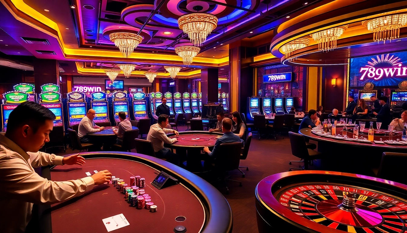Players enjoy poker and thrilling games at the 789win casino, showcasing excitement and luxury.