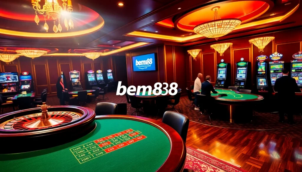 Experience bem88's luxurious gaming ambiance with live poker, roulette, and vibrant slot machines.