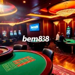 Experience bem88's luxurious gaming ambiance with live poker, roulette, and vibrant slot machines.