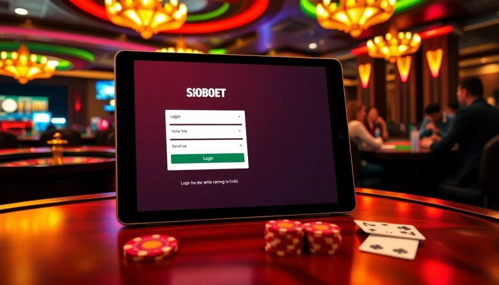 Experience sbobet login excitement at a luxury casino with vibrant gambling elements.