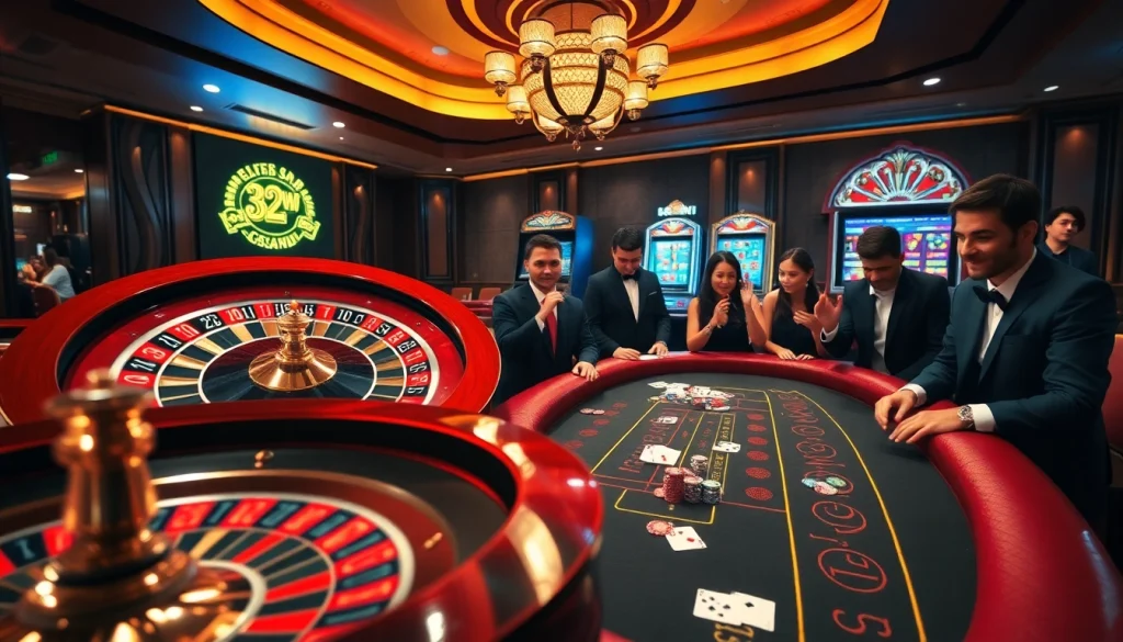 Players enjoying high-stakes gaming at the 32WIN Vip casino, surrounded by roulette, baccarat, and vibrant slot machines.
