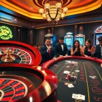 Players enjoying high-stakes gaming at the 32WIN Vip casino, surrounded by roulette, baccarat, and vibrant slot machines.
