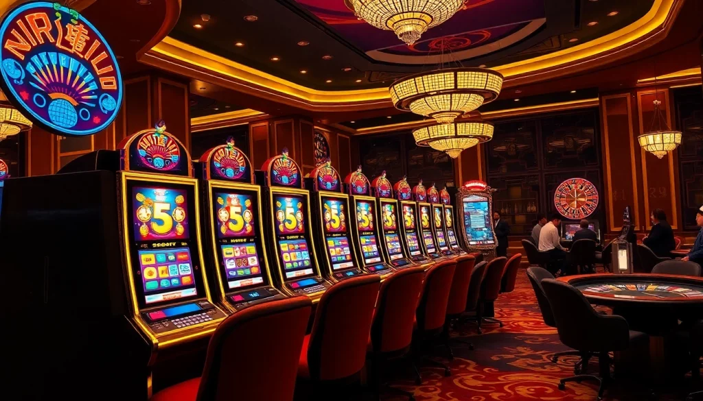 Nổ hũ slot machines in a luxurious casino setting, illustrating excitement and winning potential.