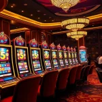 Nổ hũ slot machines in a luxurious casino setting, illustrating excitement and winning potential.