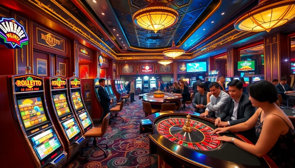 Players enjoying thrilling games at 222bd casino with vibrant slot machines and roulette wheels.