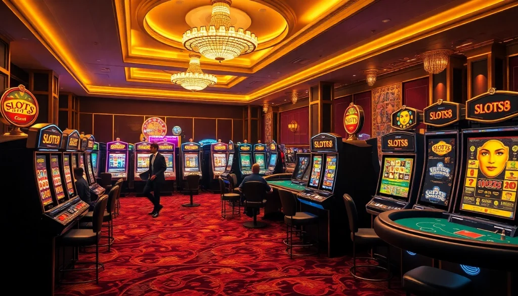 Players engaging with SLOTS8 slot machines in an elegant casino atmosphere full of excitement.