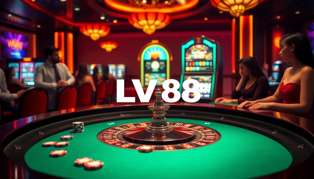Exciting LV88 casino scene with players at a roulette table, highlighting vibrant gameplay.