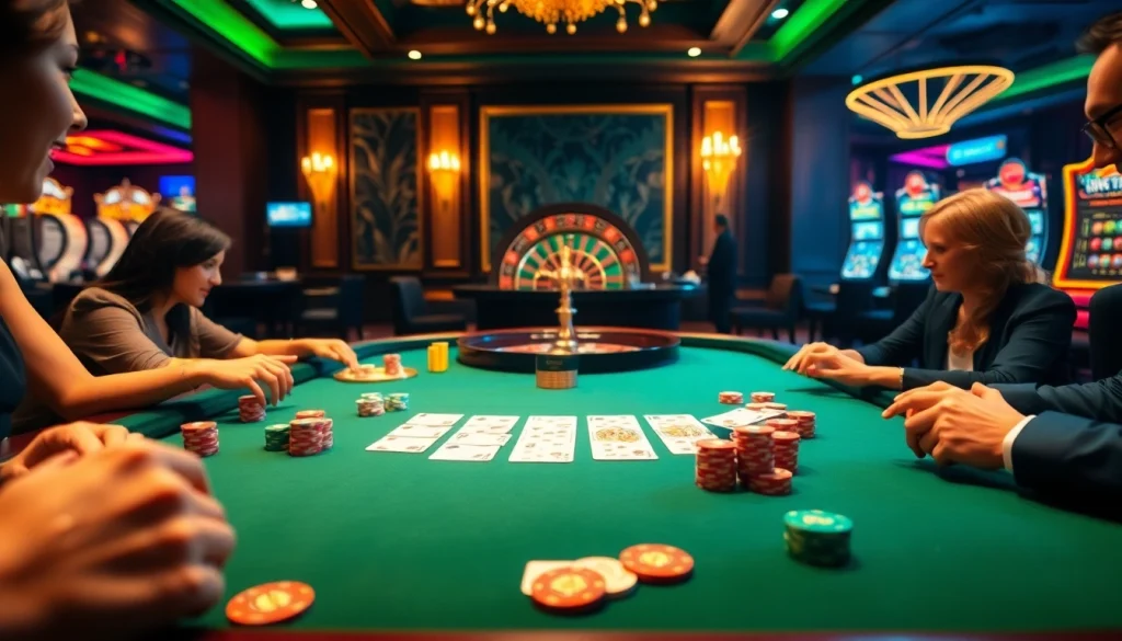 Players engaging at a casino table with chips and cards, representing betting at https://ok8386.sh/.