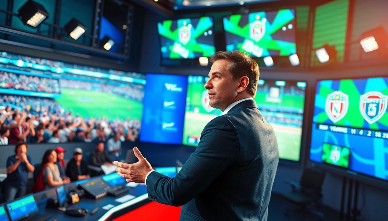 Sports Broadcasting studio with a host engaging live, showcasing vibrant graphics and fan energy.