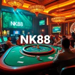 Players enjoying an exciting online gambling experience at NK88's luxurious casino table, showcasing high-stakes action.