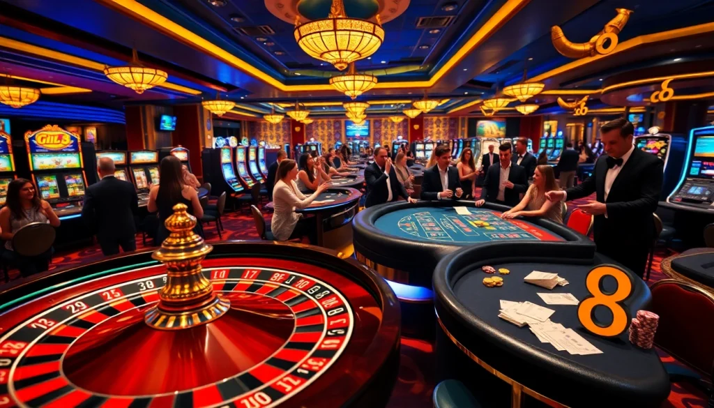 Exciting casino scene showcasing gamblers at roulette and poker tables, highlighting go8 elements.