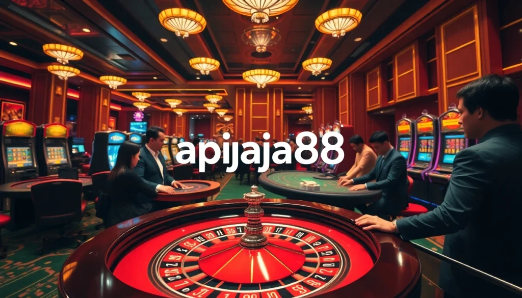 Exciting view of players at the casino with chips and betting slips, showcasing apiraja88 branded element.