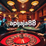 Exciting view of players at the casino with chips and betting slips, showcasing apiraja88 branded element.