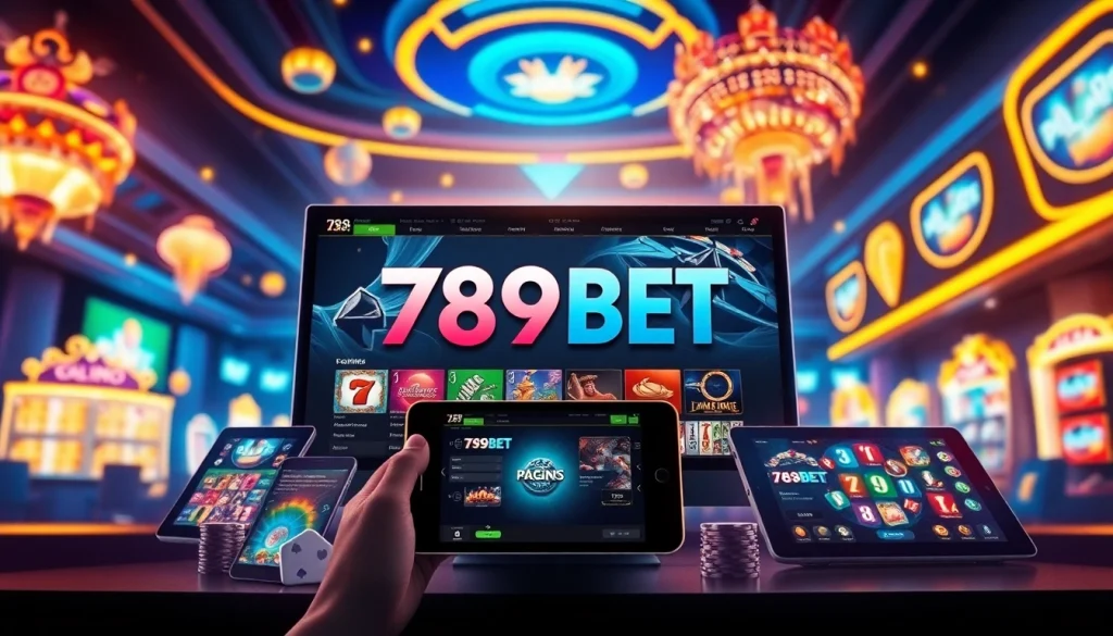 789BET immersive online gambling experience with vibrant casino interface and digital devices.